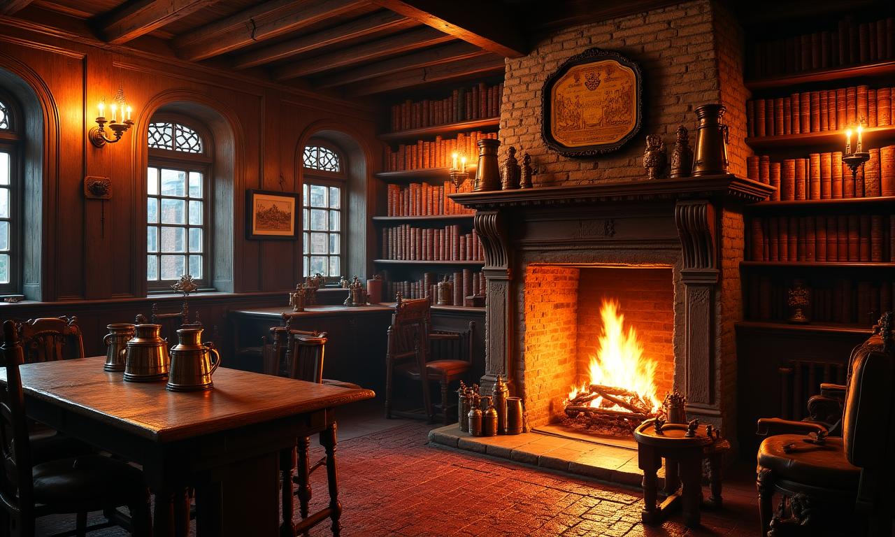 Interno di una storica locanda vittoriana con caminetto e libri